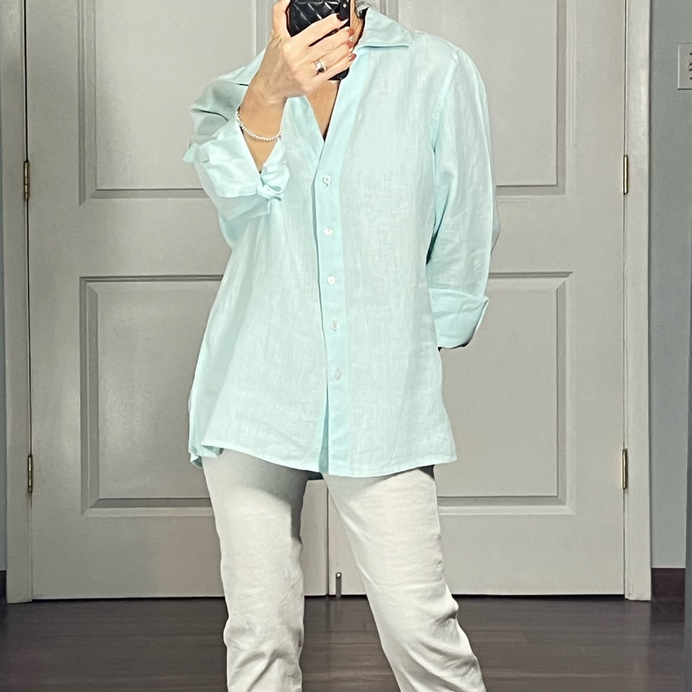 Talbots 100% pure Irish linen split neck Button Down Shirt size 12P